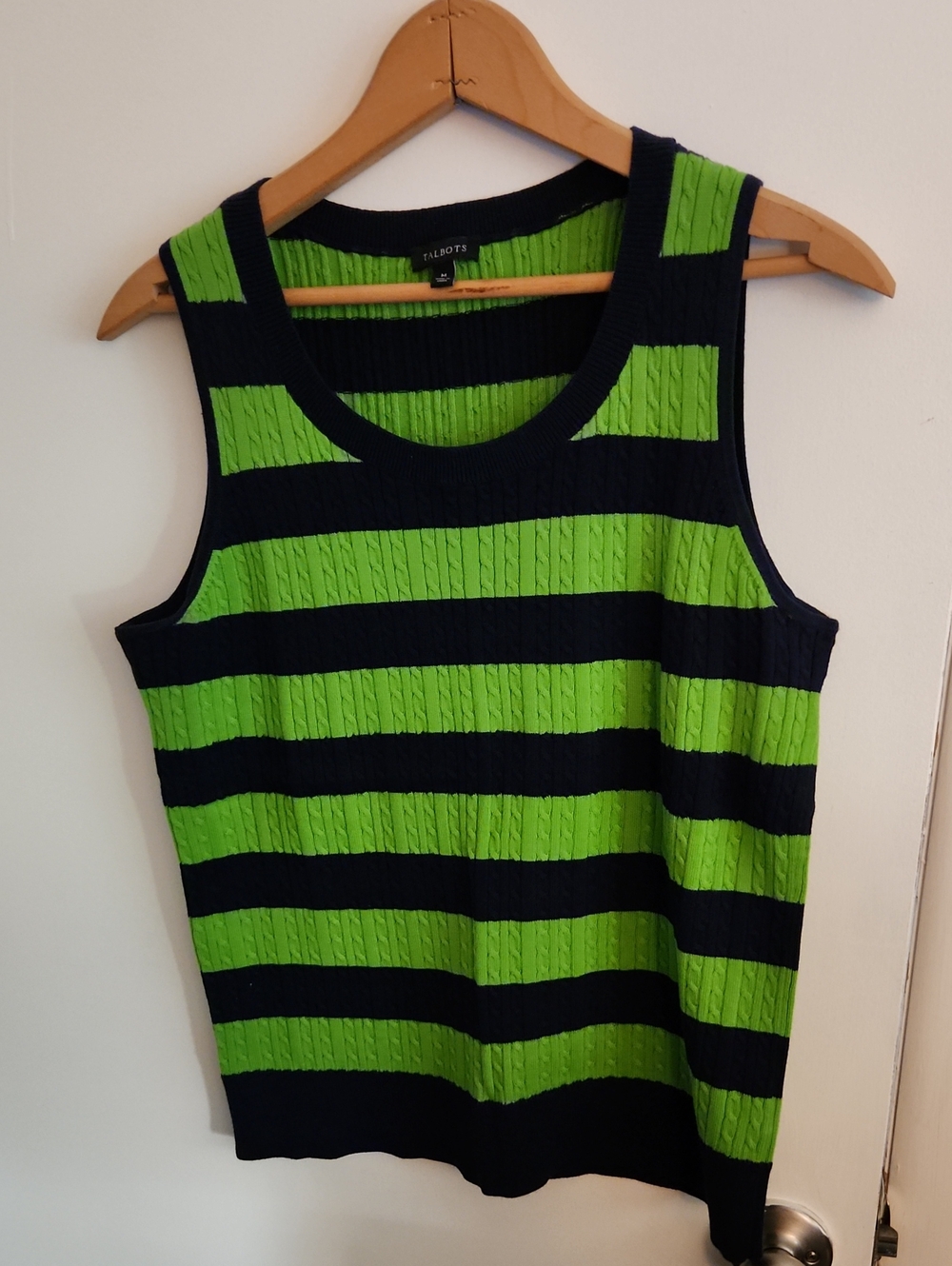 Talbots Navy and Green Striped Cable-Knit Tank Medium